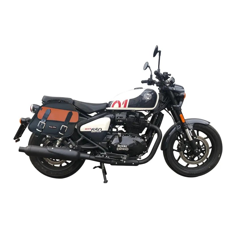 Bags&Bike EXPLORER/N/C-SHO Borse Laterali Modello Explorer Nera E Cuoio Per Royal Enfield Shotgun