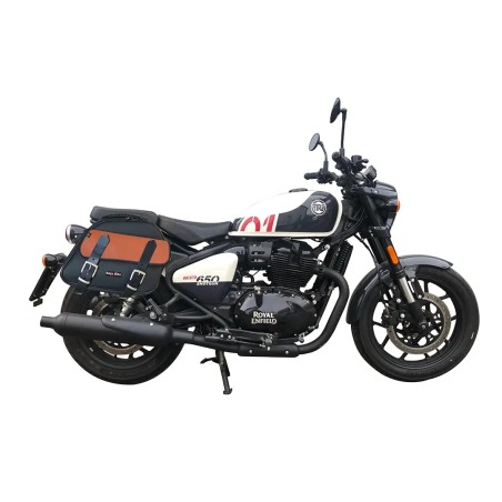 Bags&Bike EXPLORER/N/C-SHO Borse Laterali Modello Explorer Nera E Cuoio Per Royal Enfield Shotgun