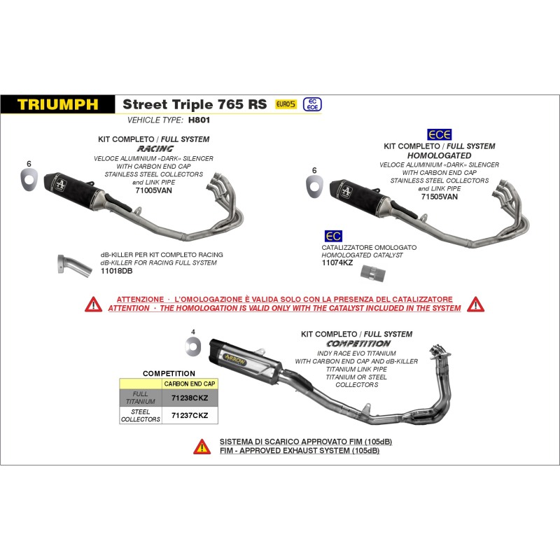 Arrow 71237CKZ Kit completo COMPETITION approvato FIM (105dB) per Triumph STREET TRIPLE 765 RS dal 2023